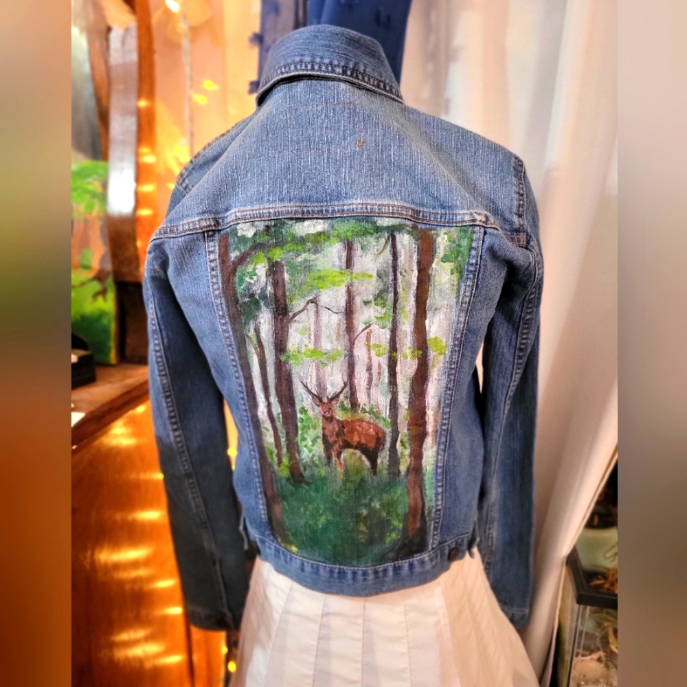 Upcycled Custom Hand-Painted Denim Jacket with Forest Scene
